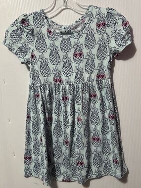 Girls' Mint Pineapple Print Casual Dress with Pink Accents
